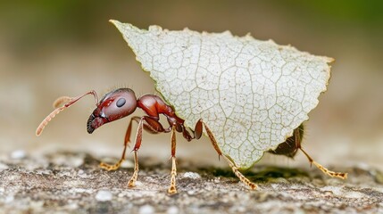 Poster - A single red ant stands on the edge of a green leaf, possibly searching for food or surveying its surroundings