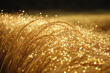 Poster - A detailed shot of a field of grass with water droplets glistening in the sunlight