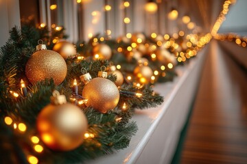 Poster - A festive window sill decorated with Christmas ornaments and lights