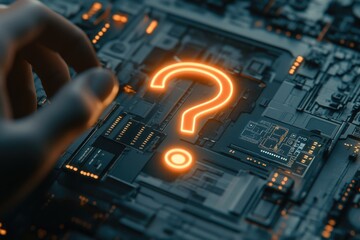 Poster - A person's hand touches a circuit board, possibly questioning or examining it