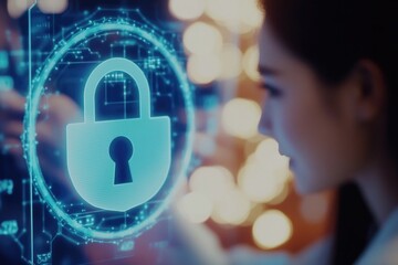 Poster - A person reviewing a digital lock on a laptop or computer screen