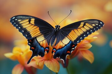 Poster - A close-up view of a butterfly perched on a bright yellow flower
