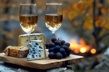 Poster - A pair of wine glasses sit atop a wooden tray, perfect for serving and enjoying your favorite wines