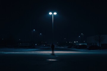 Poster - A lone person stands in the middle of an empty street at night, surrounded by shadows cast by streetlights, with darkness above for text. Generative AI