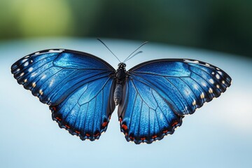 Poster - A blue butterfly perched on the edge of a table, its delicate wings spread out
