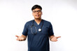 © ArvStd - Young man nurse in blue coat gesturing at the camera, displayed, representing consultation over a white background