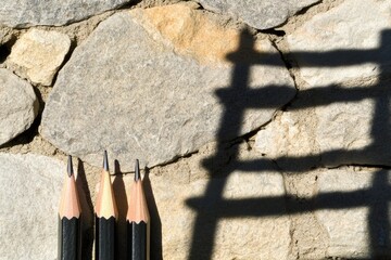 Poster - A dark shadow of a ladder falls on a worn stone wall