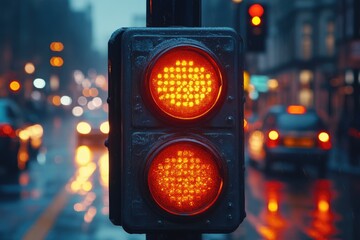 Poster - A single-leafed traffic light with a red light turned on, suitable for use in illustrations about traffic or transportation