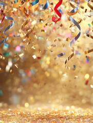 Poster - Falling confetti and curling ribbons create a vibrant atmosphere against a shimmering golden backdrop, ideal for festive occasions and celebrations. Generative AI