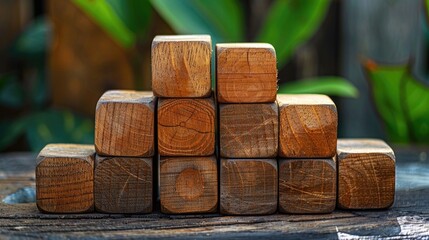 Poster - A stack of wooden blocks sits on a wooden table, perfect for building or crafting