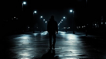 Poster - A lone person travels along a quiet, dimly lit street at night, with streetlights creating long shadows and open space for added text. Generative AI