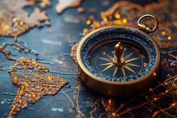 Fototapete - A close-up view of a compass on a map, perfect for travel or adventure themed projects