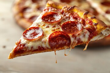 Poster - A slice of pepperoni pizza being held by a human hand