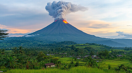 breathtaking volcanic mountain eruption at dusk, showcasing fiery lava, thick smoke, and glowing skies. A dramatic representation of nature’s power, creation, and destruction in vibrant detail