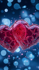Poster - Intricate intertwined hearts symbolize quantum entanglement against a dynamic, colorful bokeh background