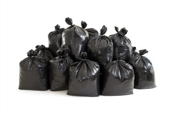 Poster - A pile of black garbage bags stacked on top of each other, often used for waste management and disposal