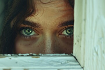 Poster - A close-up shot of a woman's face featuring striking green eyes, perfect for use in beauty and lifestyle contexts