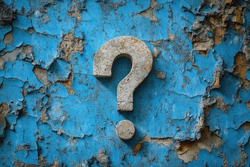 Poster - A blue wall with peeling paint and a question mark, perfect for use in educational or office settings