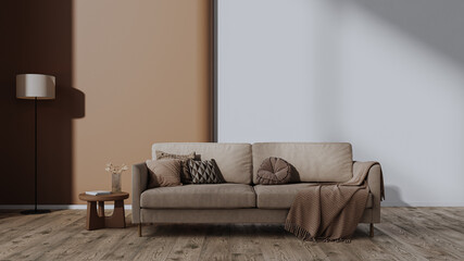 Wall Mural - living room interior mock up in trendy mocha mousse color of the 2025 year, 3d render