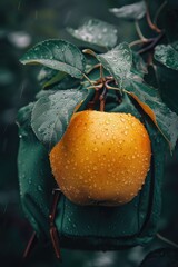 Poster - A close-up shot of an orange growing on a tree branch