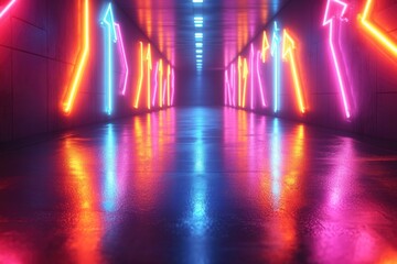 Poster - Long corridor with bright neon lights and dark shadows