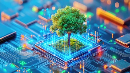 Poster - Digital Tree Growing on Circuit Board Fusion of Nature and Technology