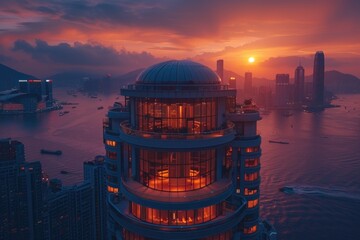 Aufkleber - A view of a city's skyline at sunset from the top floor of a high-rise building