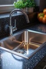 Poster - A kitchen sink sits under a window, with a window sill nearby