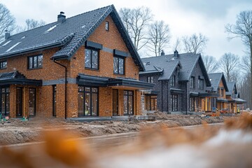 Poster - A row of traditional brown brick houses in a residential area, suitable for use as a background or establishing shot