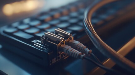 Poster - Close-up shot of a keyboard with a connected cable, suitable for technology or office use