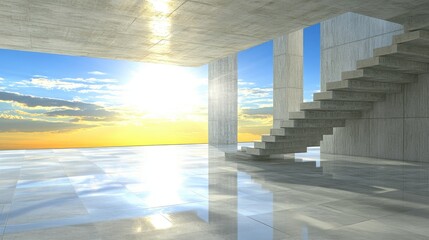 Poster - Modern Architectural Space with Stunning Sunset and Open Windows