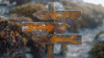 Poster - Wooden sign with arrows pointing left, right, up and down, suitable for use in navigation or wayfinding illustrations