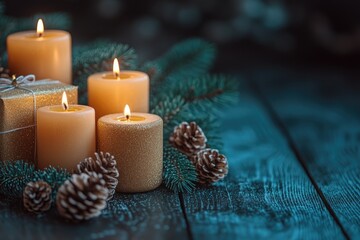 Aufkleber - A collection of candles placed on a rustic wooden table, perfect for various settings