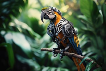 Poster - Colorful parrot resting on a branch in a lush jungle environment