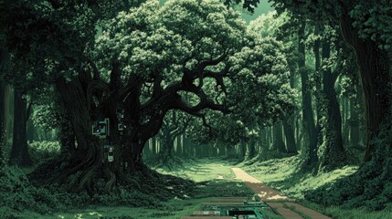 Poster - Enchanted Forest Pathway with Ancient Trees and Lush Greenery