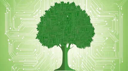 Poster - Green Tree with Circuit Pattern on Technology Background