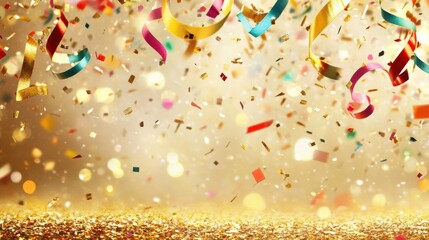 Poster - Colorful confetti and ribbons fall against a golden backdrop, creating a festive New Year vibe with room for text. Generative AI