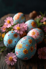 Poster - A collection of colorful painted eggs arranged on a wooden table, ideal for spring or Easter-themed uses