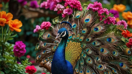 Wall Mural - Majestic peacock displaying its vibrant plumage amidst a profusion of colorful flowers.