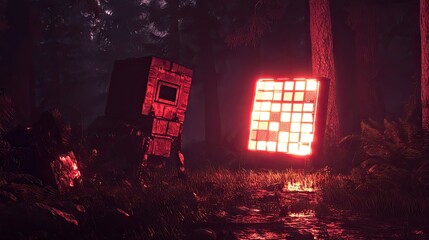 Poster - Glowing Geometric Shapes in Mystical Forest Environment at Night