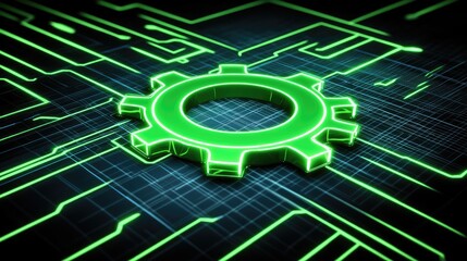 Poster - Neon Green Gear Icon on Futuristic Circuit Board Background