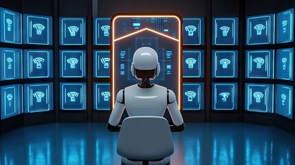 Poster - Futuristic Robot Analyzing Data in High-Tech Control Room Environment