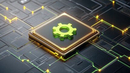 Poster - Green Gear Icon on Circuit Board Background with Neon Light Effect