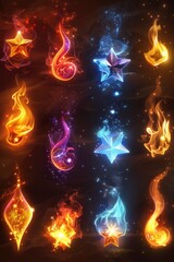 Poster - a collection of colorful flames on a dark backdrop, great for abstract art or futuristic designs