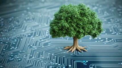 Poster - Tree Growing on Circuit Board Symbolizing Nature and Technology Harmony