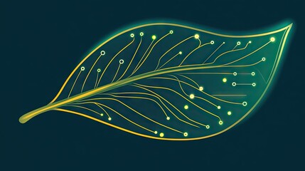 Poster - Green Leaf with Abstract Light Circuit Design in Digital Concept