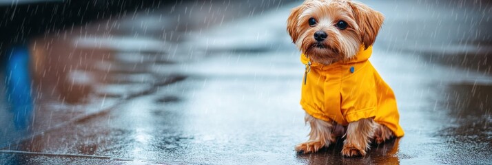Aufkleber - A small dog wearing a bright yellow raincoat sits calmly on wet pavement during light rain, surrounded by a vibrant atmosphere and gentle droplets. Generative AI