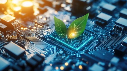 Poster - Green Leaves on a Microchip Illustrating Technology and Nature Fusion