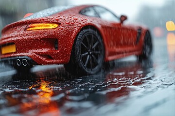 Poster - A sleek red sports car is parked on the side of the road during a rainy day