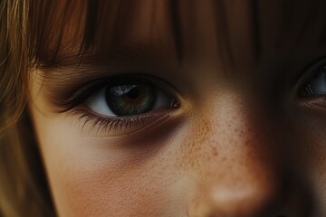 Poster - A young child's face with distinctive freckles, great for illustrations and stories about childhood innocence